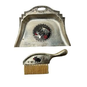 Vintage Metal Crumb Pan & Brush 3 Kittens w/ Red Ribbon Playing Made in Japan